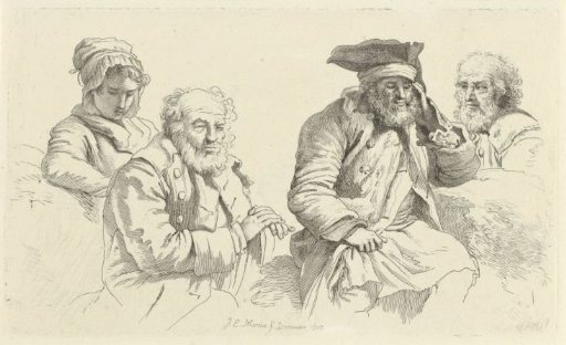 Study sheet with three old men and a young woman