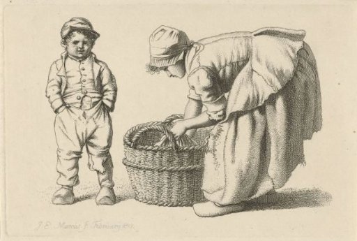 Bending girl by a basket and a child