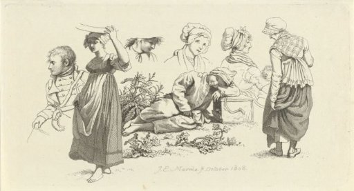 Study sheet with a sleeping boy and figures