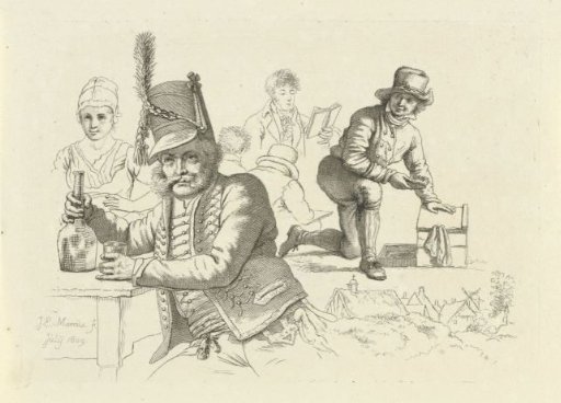 Hussar with glass and bottle at a table, a shoeshiner and figures
