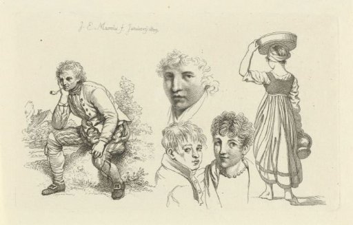 Study sheet with a seated man with a pipe and heads