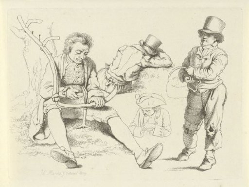 Study sheet with a mower sharpening his scythe and a boy with a basket
