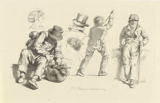 Study sheet with a man by a basket and figures