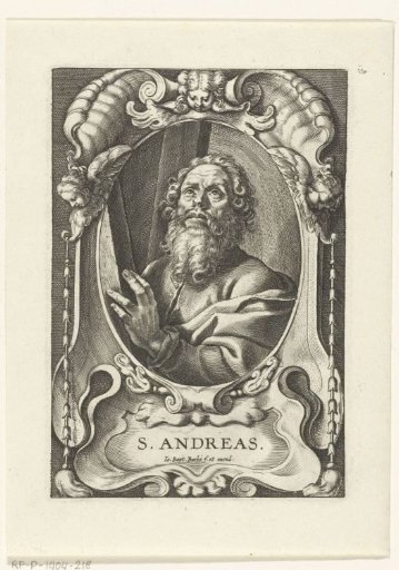 Apostle Andrew with a cross in a frame with architectural ornaments