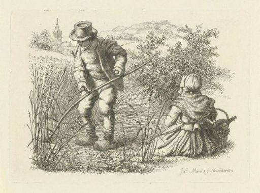 Mowing man and a seated woman