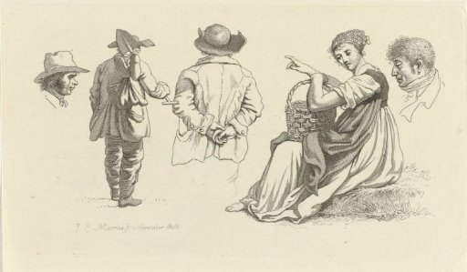 Study sheet with a woman with a basket and figures