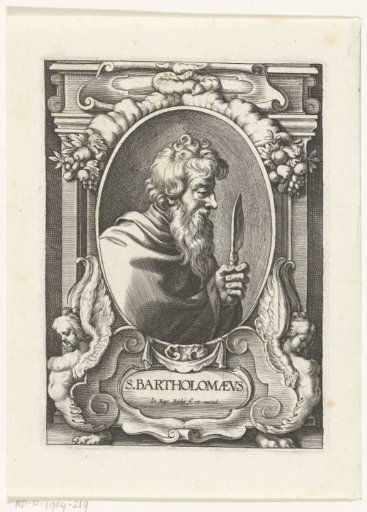 Apostle Bartholomew with a knife in a frame with architectural ornaments