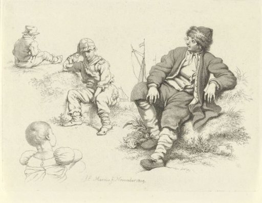 Study sheet with seated figures and boats in the background