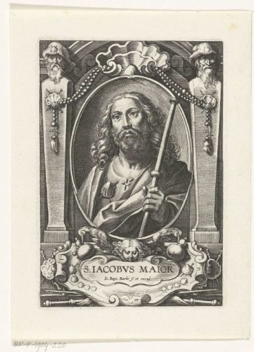 Apostle James the Greater (Jacobus Maior) with a pilgrim's staff in a frame with architectural ornaments