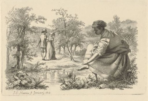 Walking couple and a girl washing her feet
