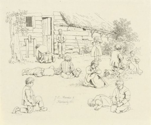 Children by a barn