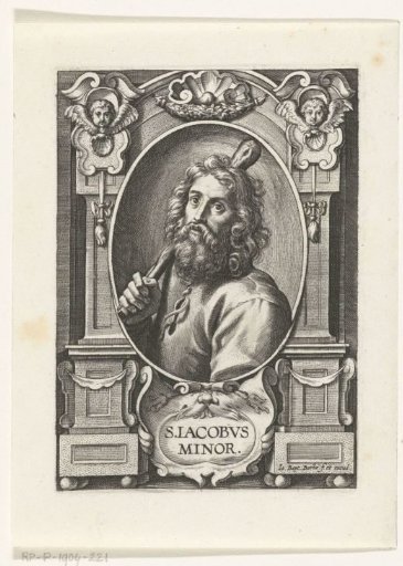 Apostle James the Less (Jacobus Minor) with a club in a frame with architectural ornaments