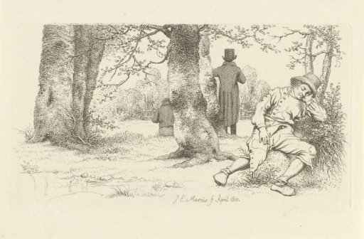 Sleeping man and two gentlemen seen from the back