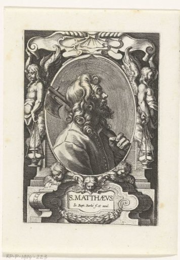 Evangelist Matthew with a halberd in a frame with architectural ornaments