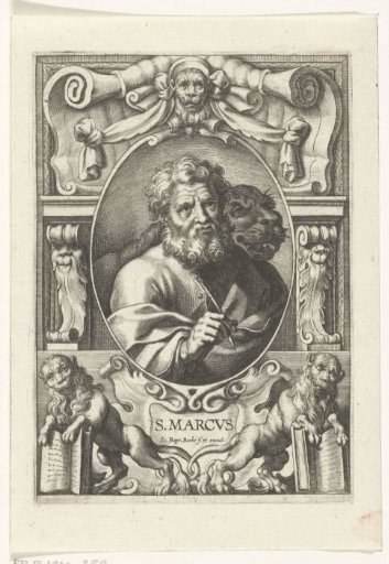 Evangelist Mark with a lion in a frame with architectural ornaments