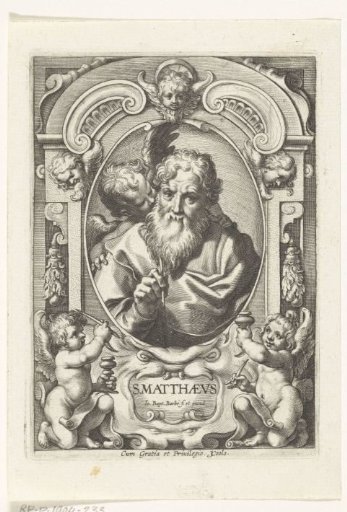 Evangelist Matthew with an angel in a frame with architectural ornaments