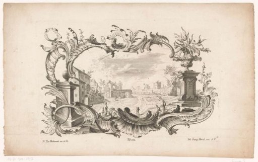 Ruins in a rocaille cartouche