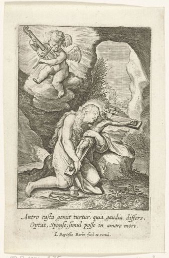 Penitent Mary Magdalene with a crucifix in her arms in a cave
