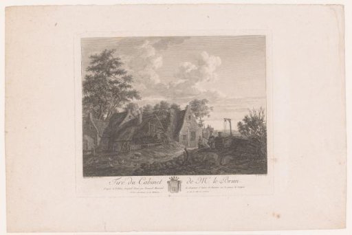 Partially collapsed farm with two women and a girl at a water well