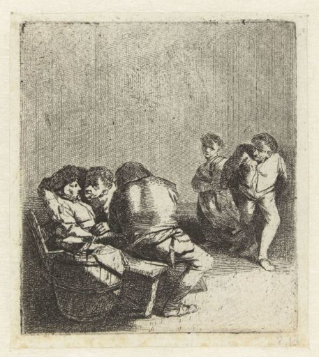 Dancing man and woman and two seated men and woman