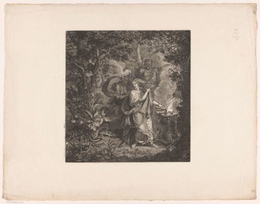 Mythological scene with a sacrificing queen in a forest, possibly Althaea, and three Gorgons