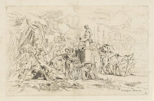 Nymphs and satyrs around a fountain with Bacchus