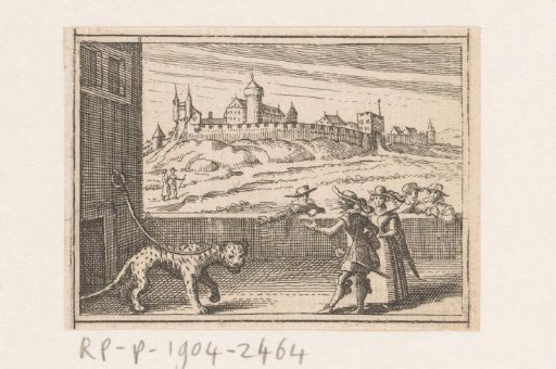Chained tiger with spectators and castle in the background