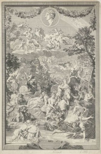 Allegorical title page with various scenes from Ovid's Metamorphoses and his portrait