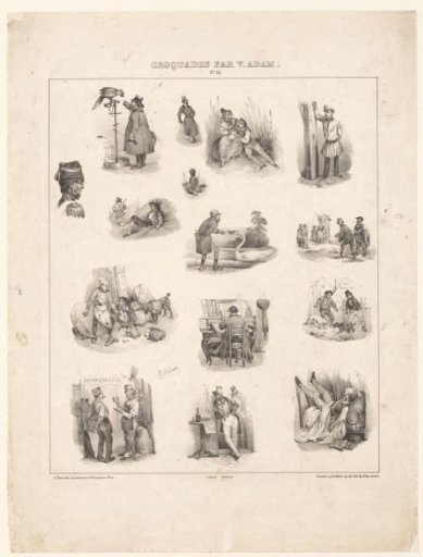 Fifteen views from daily life with various human figures and animals