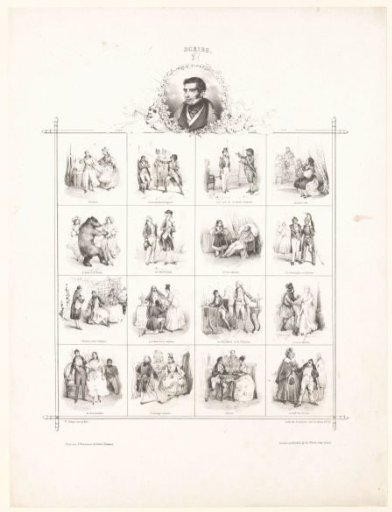Portrait of Eugène Scribe and sixteen scenes from his works