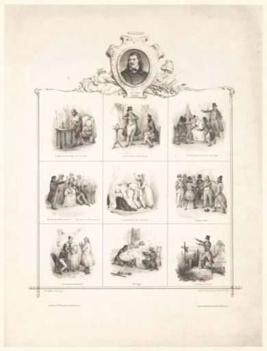 Portrait of Honoré de Balzac and nine scenes from his works
