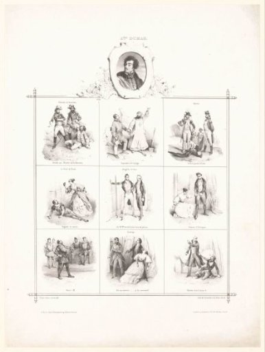 Portrait of Alexandre Dumas and nine scenes from his works