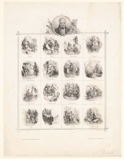 Portrait of Walter Scott and sixteen scenes from his works