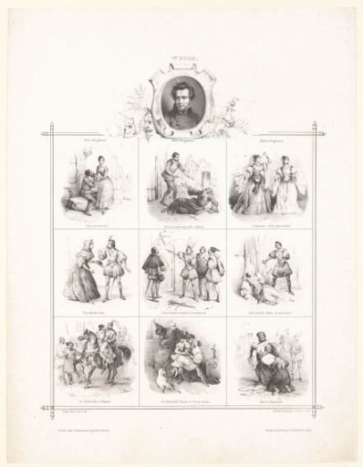 Portrait of Victor Hugo and nine scenes from his works 'Marie Tudor' and 'Notre-Dame de Paris'