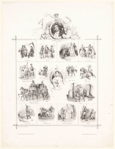 Portrait of Jules Janin and fourteen scenes from his work 'Debureau'