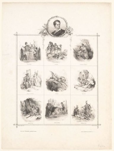 Portrait of Lord Byron and nine scenes from his poems