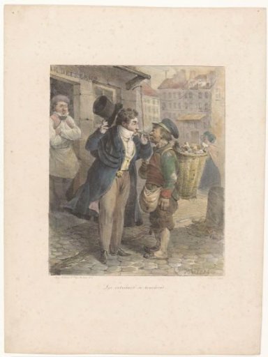 Dignified gentleman lights his cigar from the pipe of a ragged labourer