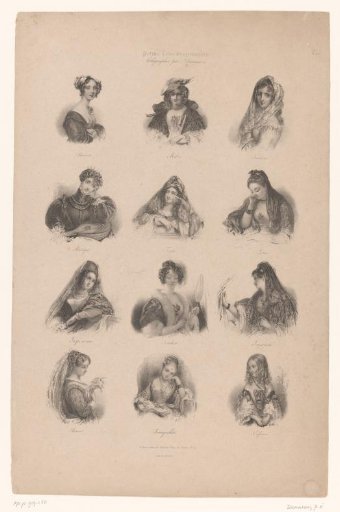 Twelve busts of young women with different moods