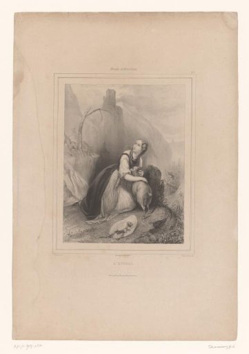 Shepherdess with a goat startled by wolves