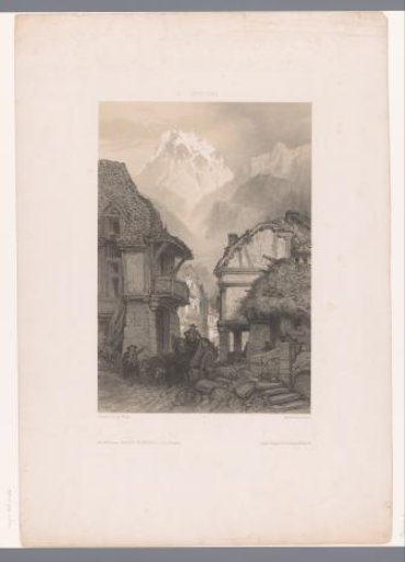 Ox-wagon in a village at the foot of a mountain