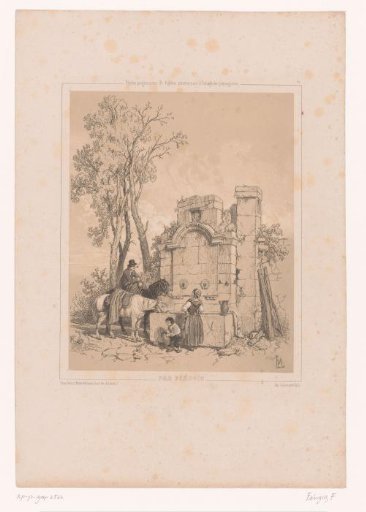Rider with horses and woman with child at a fountain