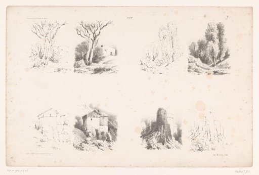 Four scenes with trees, a house, and a castle in two drawing steps