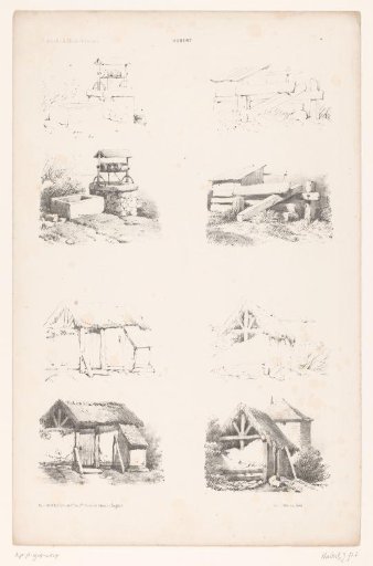 Four views of barns and a well in two drawing stages