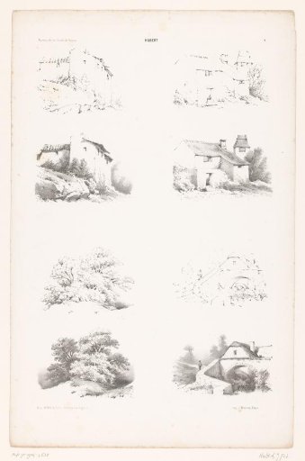 Four views with trees and houses in two drawing stages