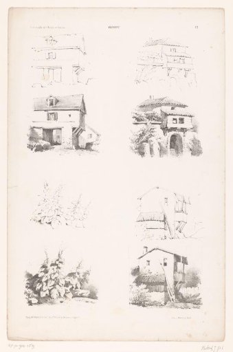 Four views with plants and houses in two drawing stages