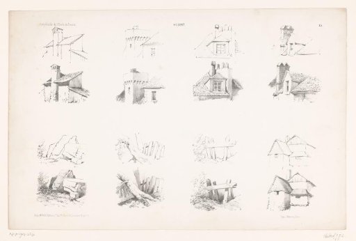 Eight views of landscape and architectural elements in two drawing stages
