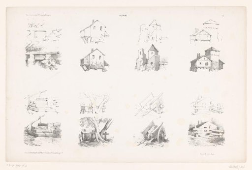 Eight views of landscape and architectural elements in two drawing stages
