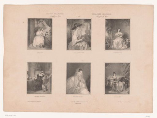 Six vignettes with 'ornamental subjects' on women