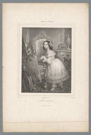 Girl with flowers leaning on a chair back