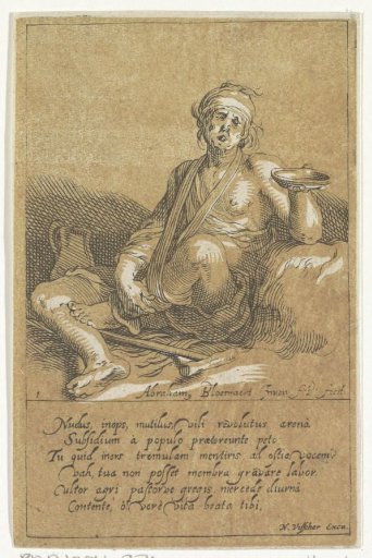 Seated beggar with his leg in a sling